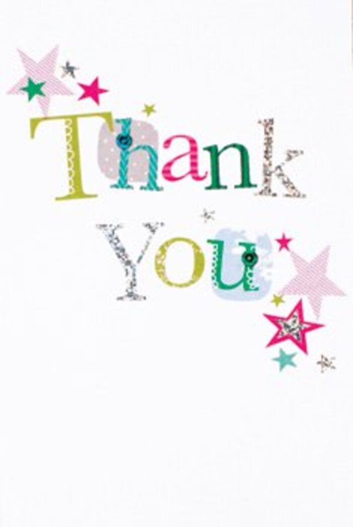 Graceful and quietly exuberant, this thank you card radiates a sense of easy gratitude, much like a visit to Isleworth's fountain-filled gardens in late spring. Each letter of the 'Thank You' is carefully rendered, some curving with playful spot patterns, others standing elegant and elongated, shimmering softly with strokes of pink, turquoise, and polished silver. Stars cluster around the central message, some filled with bright stripes, others washing the card in turquoise coolness or a dusting of stardust silver, reminiscent of a celebratory evening near Isleworth Riverside. The design is modern, airy, and perfectly balanced against the crisp white canvas, letting its subtle sophistication shine through. This card is neither showy nor formal-just universally uplifting. I see it nestling beside a floral arrangement chosen to brighten a friend's doorstep on Church Street-a tangible symbol of appreciation as memorable as the rush of spring blooms. Here in Isleworth, gestures like these make gratitude linger a little longer in the air.